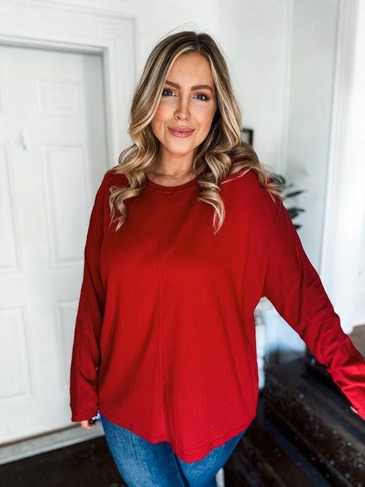 Plus Size Casual Red Solid Long Sleeve Tops (S-3X)