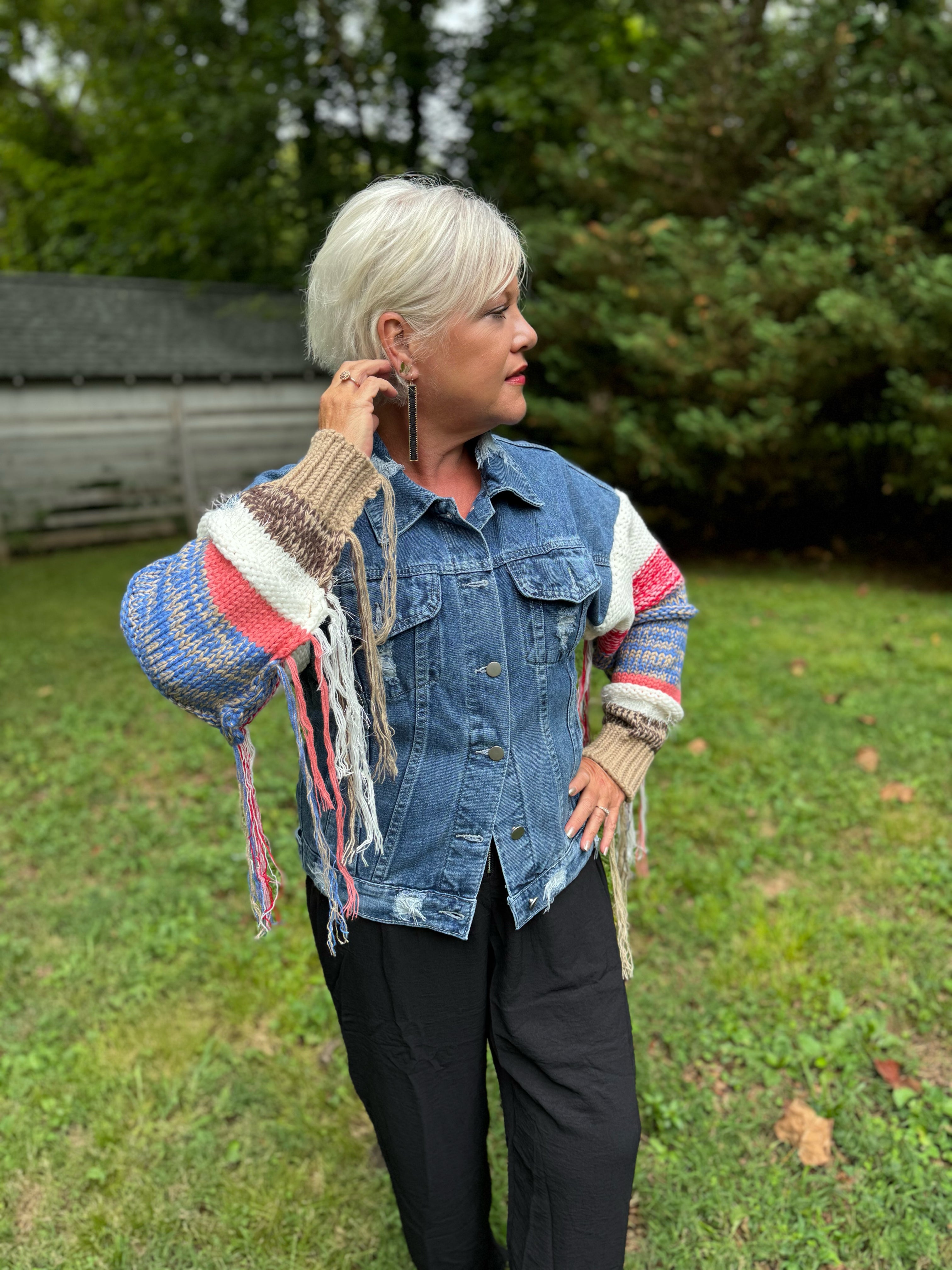 Denim Jacket with Multi Color Sweater Sleeves