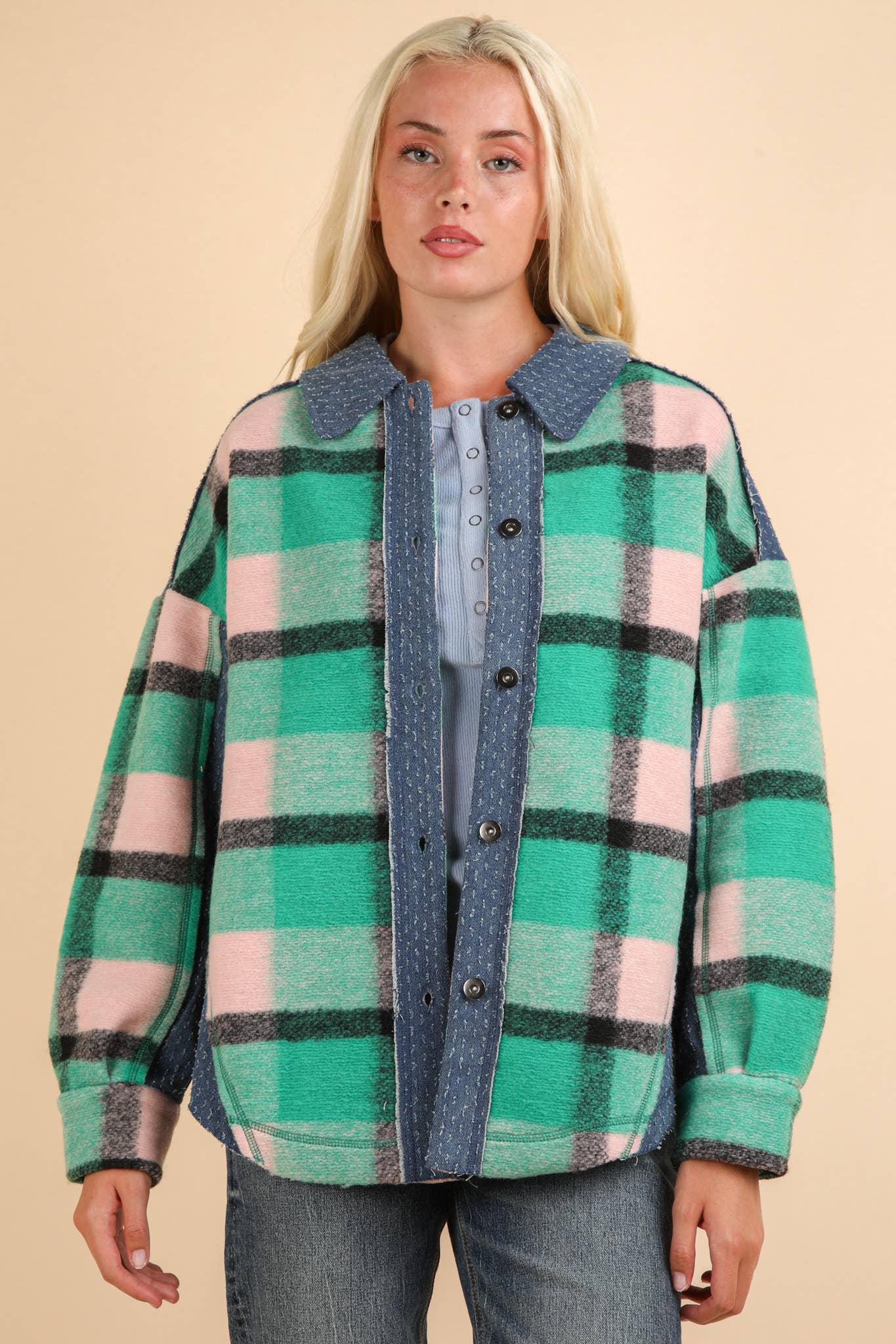 Textured Denim Contrast Plaid Shacket Jacket