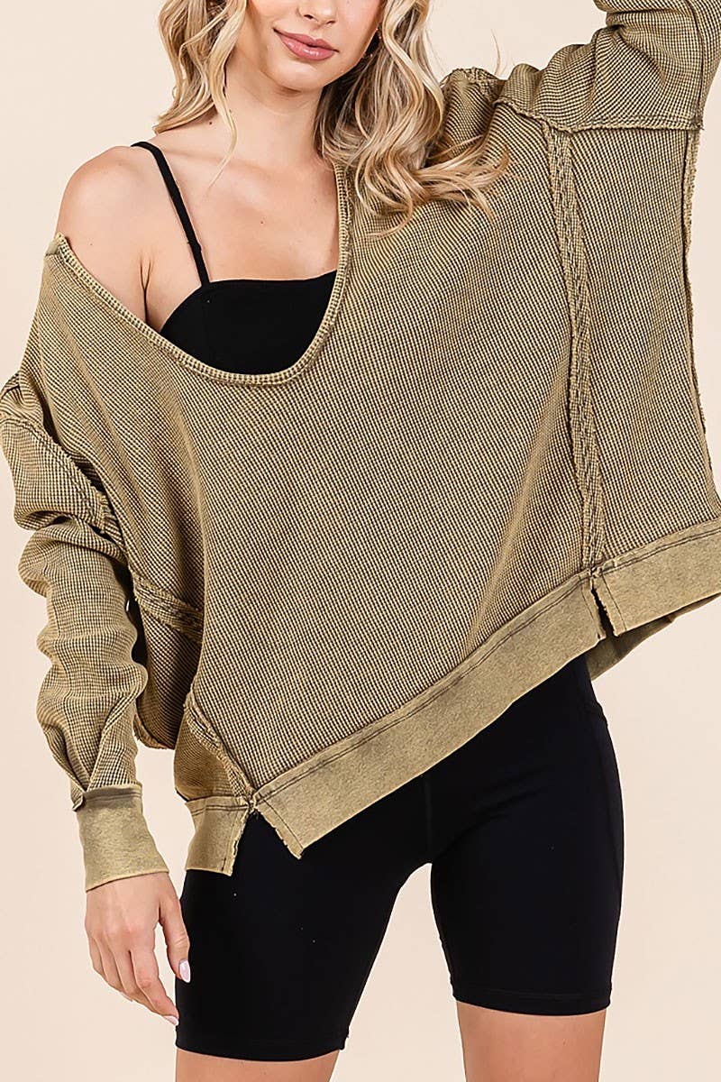 Olive Oversized V Neck Boxy Waffle Knit Top