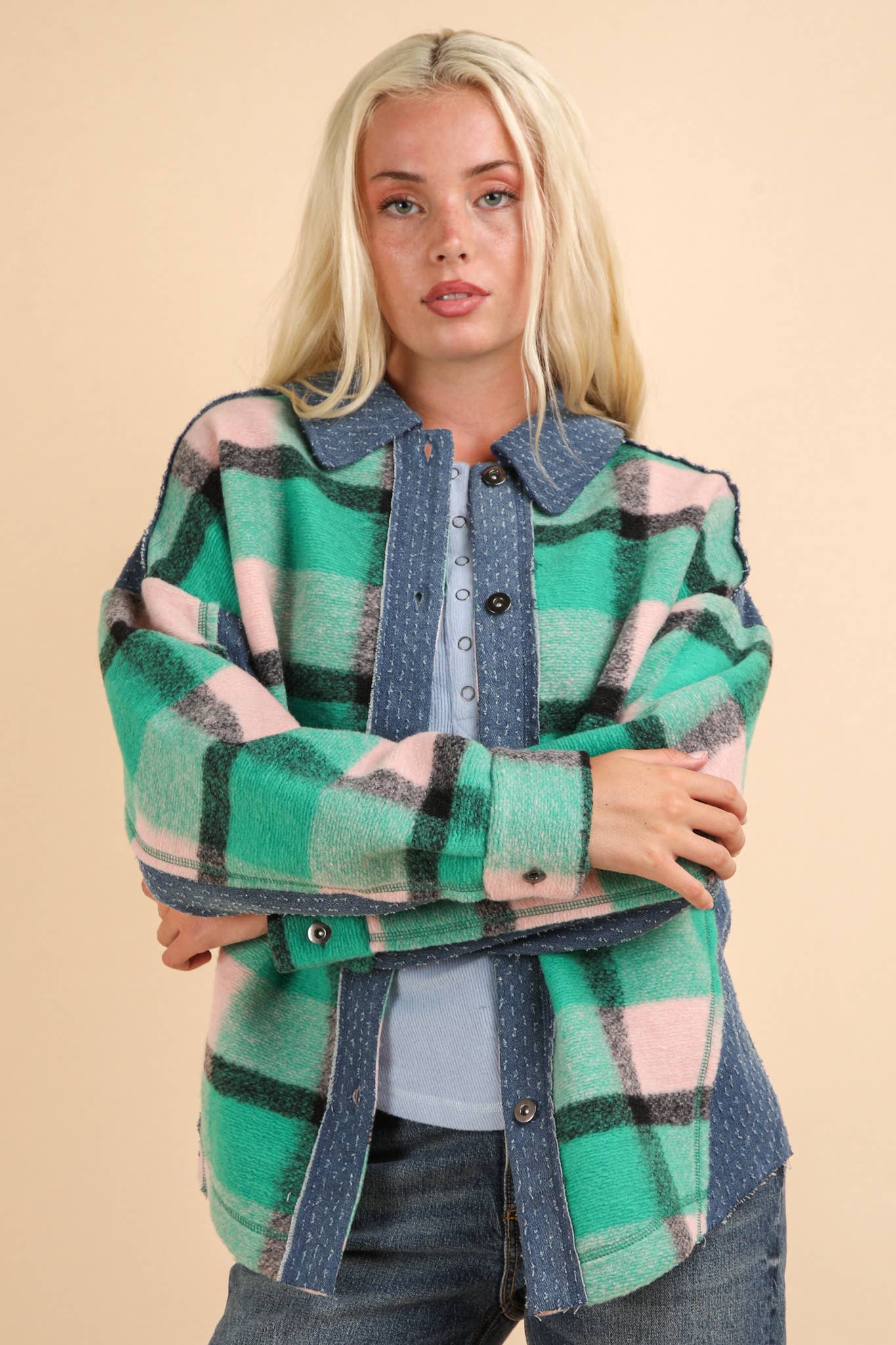 Textured Denim Contrast Plaid Shacket Jacket