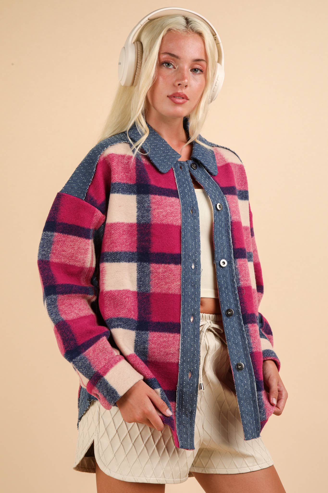 PLUS Denim Contrast Plaid Shacket Jacket