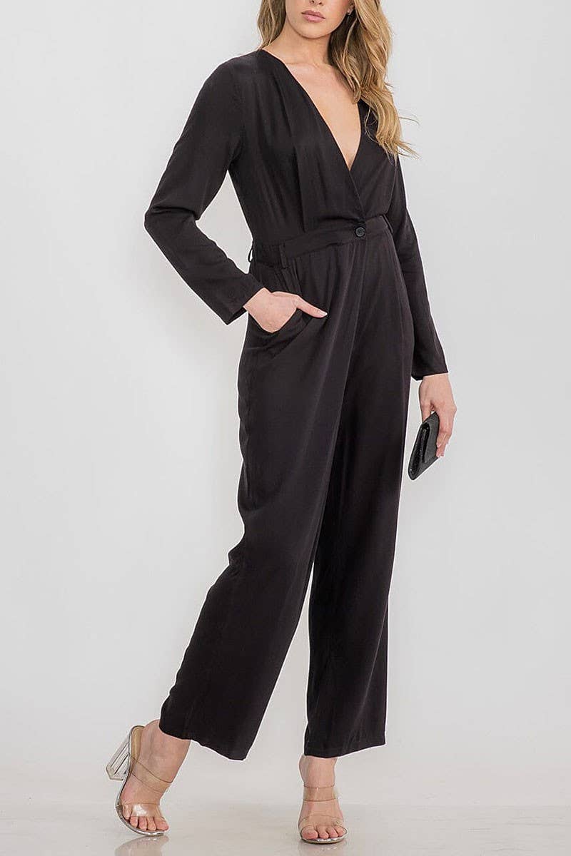 Long Sleeve Black Pocket Detail Wide Leg Jumpsuit