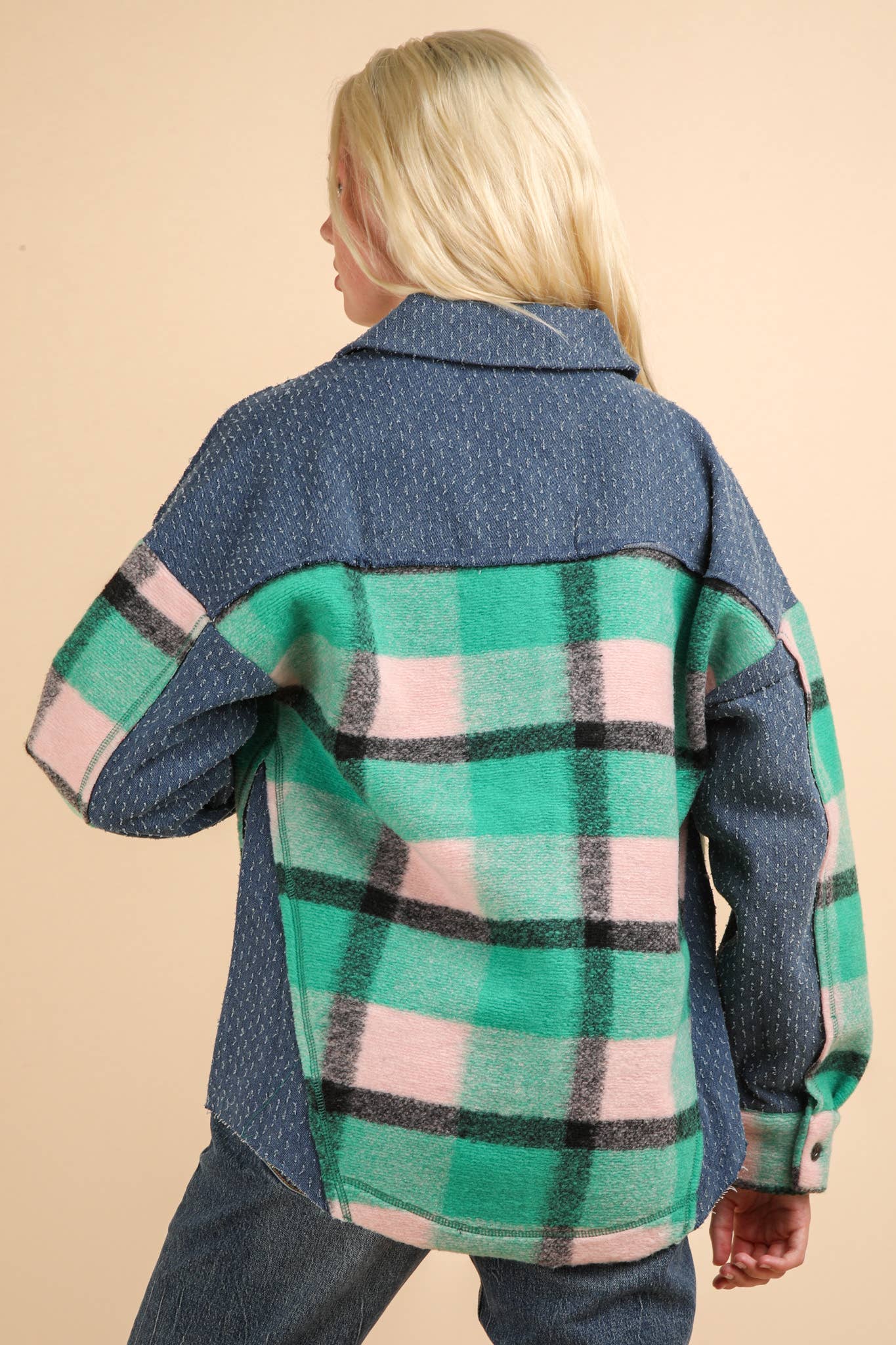 Textured Denim Contrast Plaid Shacket Jacket