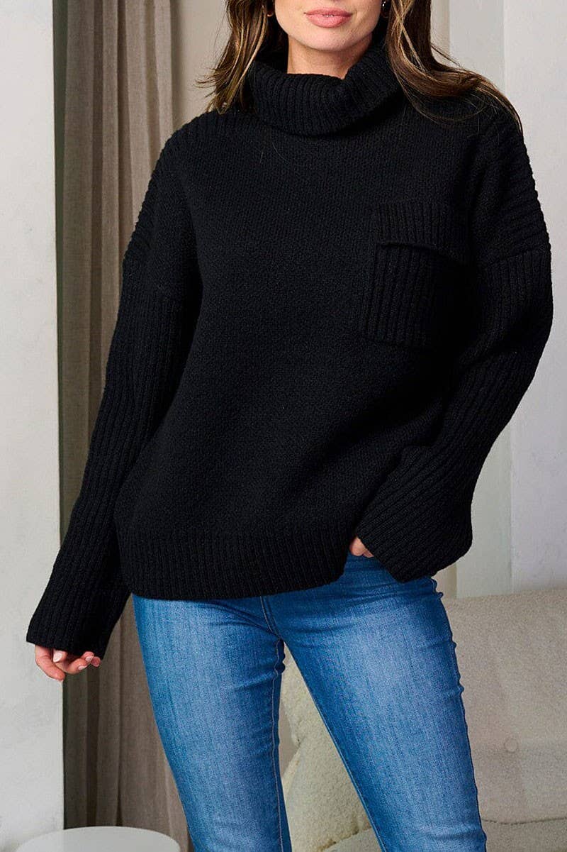 Long Sleeve Front Pocket Turtleneck Pullover Sweater