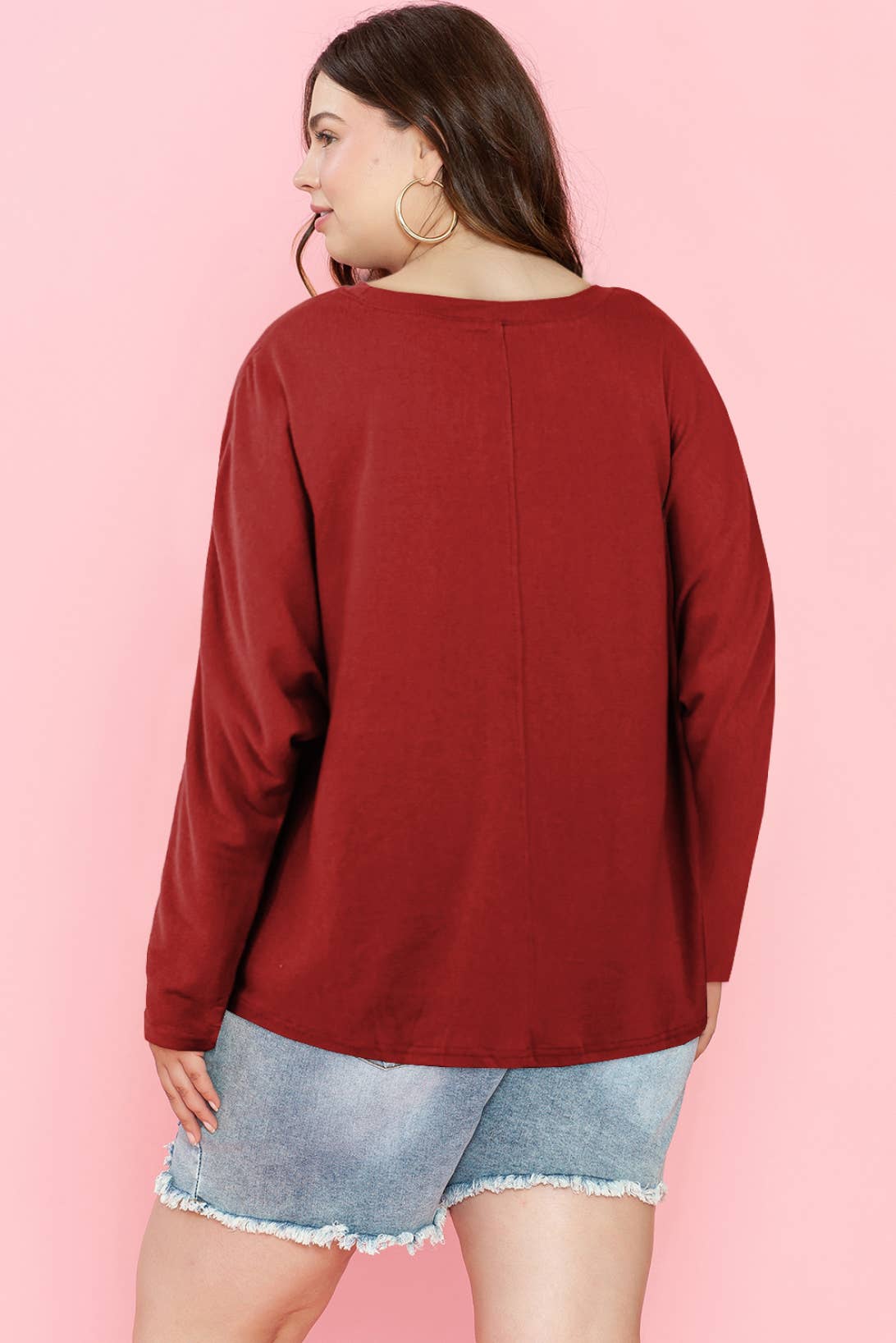 Plus Size Casual Red Solid Long Sleeve Tops (S-3X)