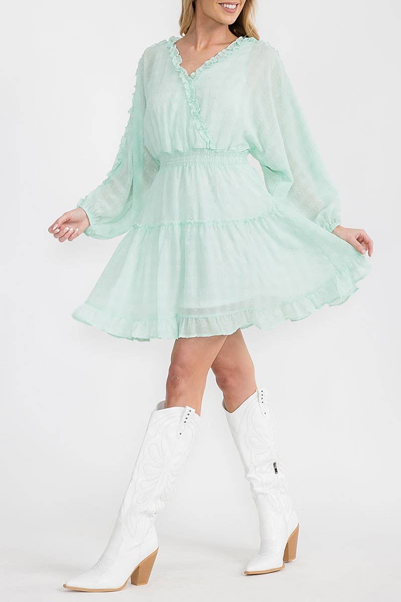 Mint Long Sleeve Swiss Dot Ruffle Frill Detail Smocked Waist Mini Dress