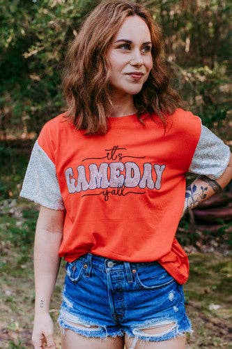 It's Gameday Y'all Tee with Sequin Sleeves in Orange