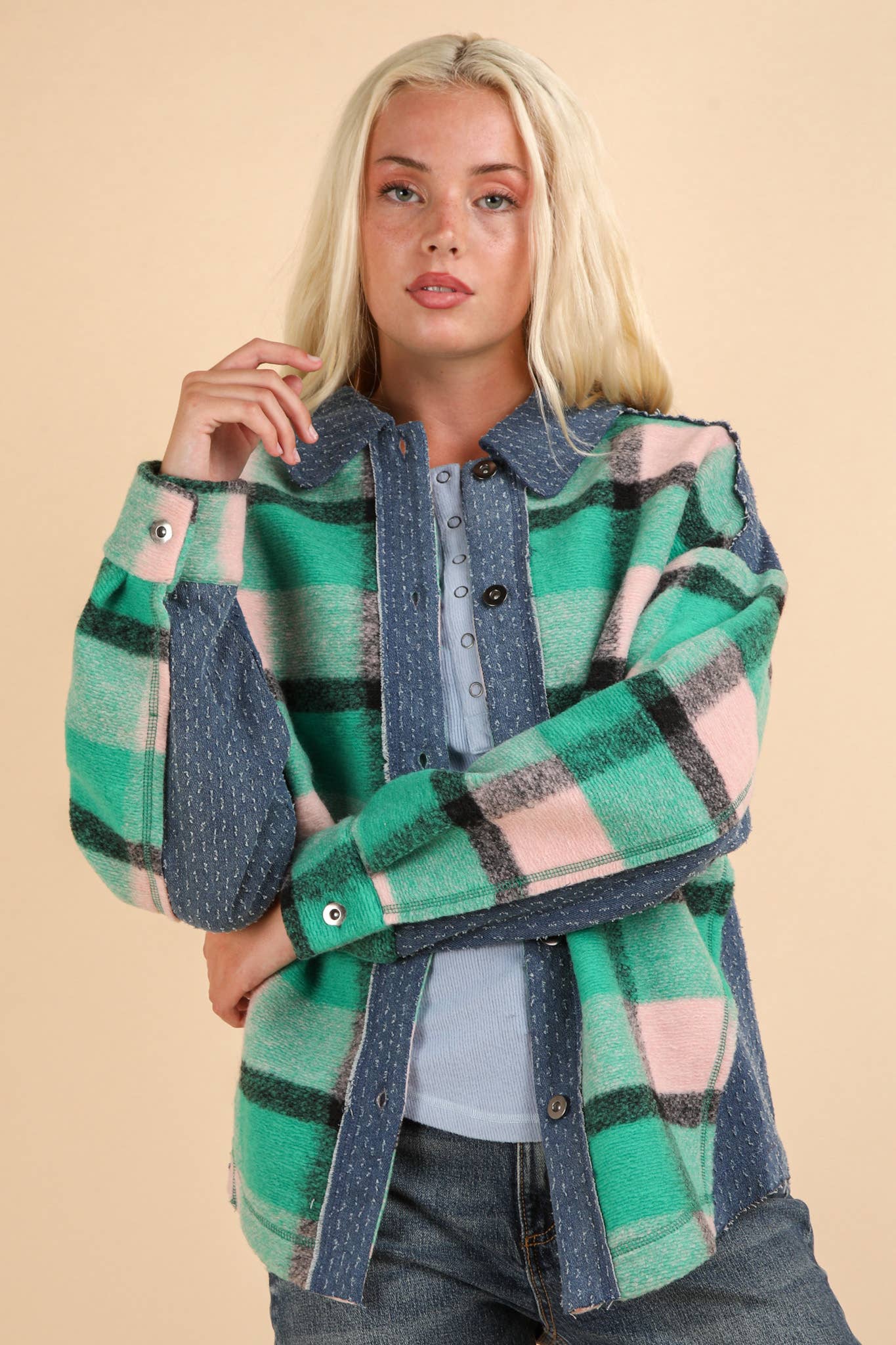 Textured Denim Contrast Plaid Shacket Jacket