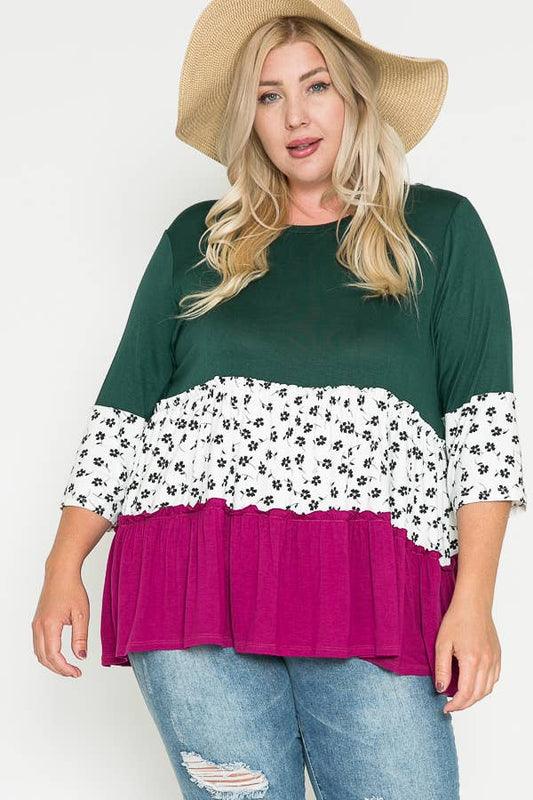 Plus Size Color Blocked Floral Babydoll Top