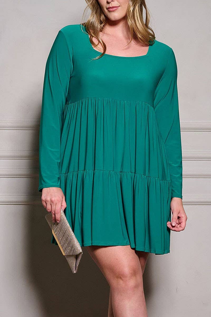 PLUS Emerald Green Long Sleeve Square Neck Tiered Mini Dress