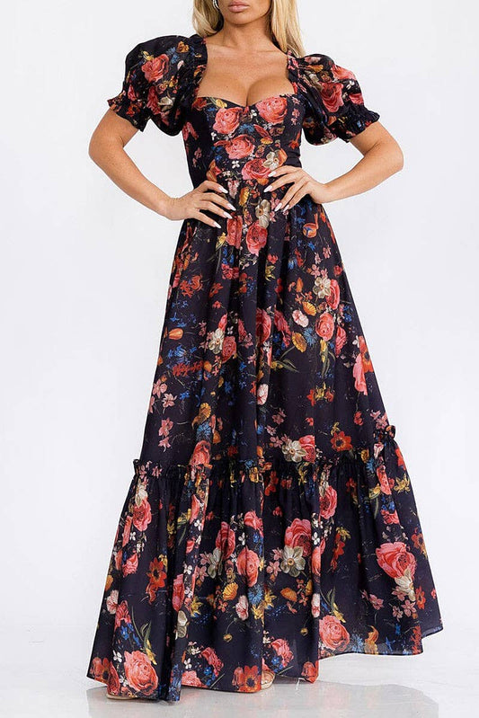 Gorgeous Short Puff Sleeve Black & Floral Maxi Dress