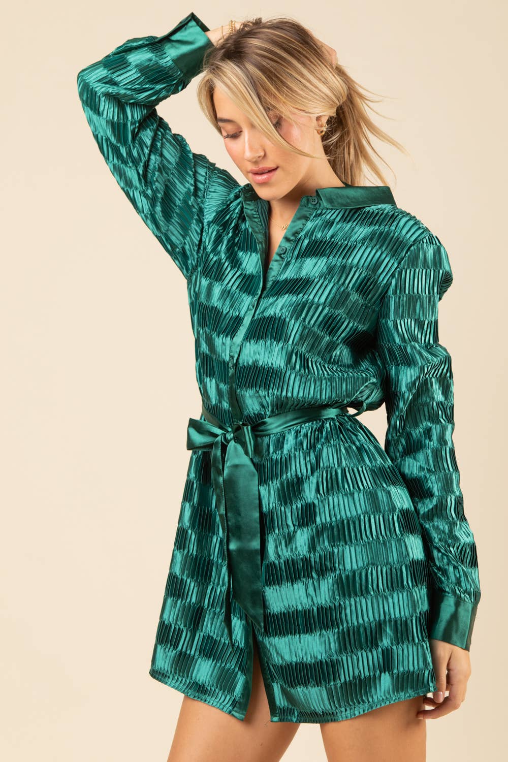 Green Shiny Satin Pleated Holiday Party Shirt Mini Dress