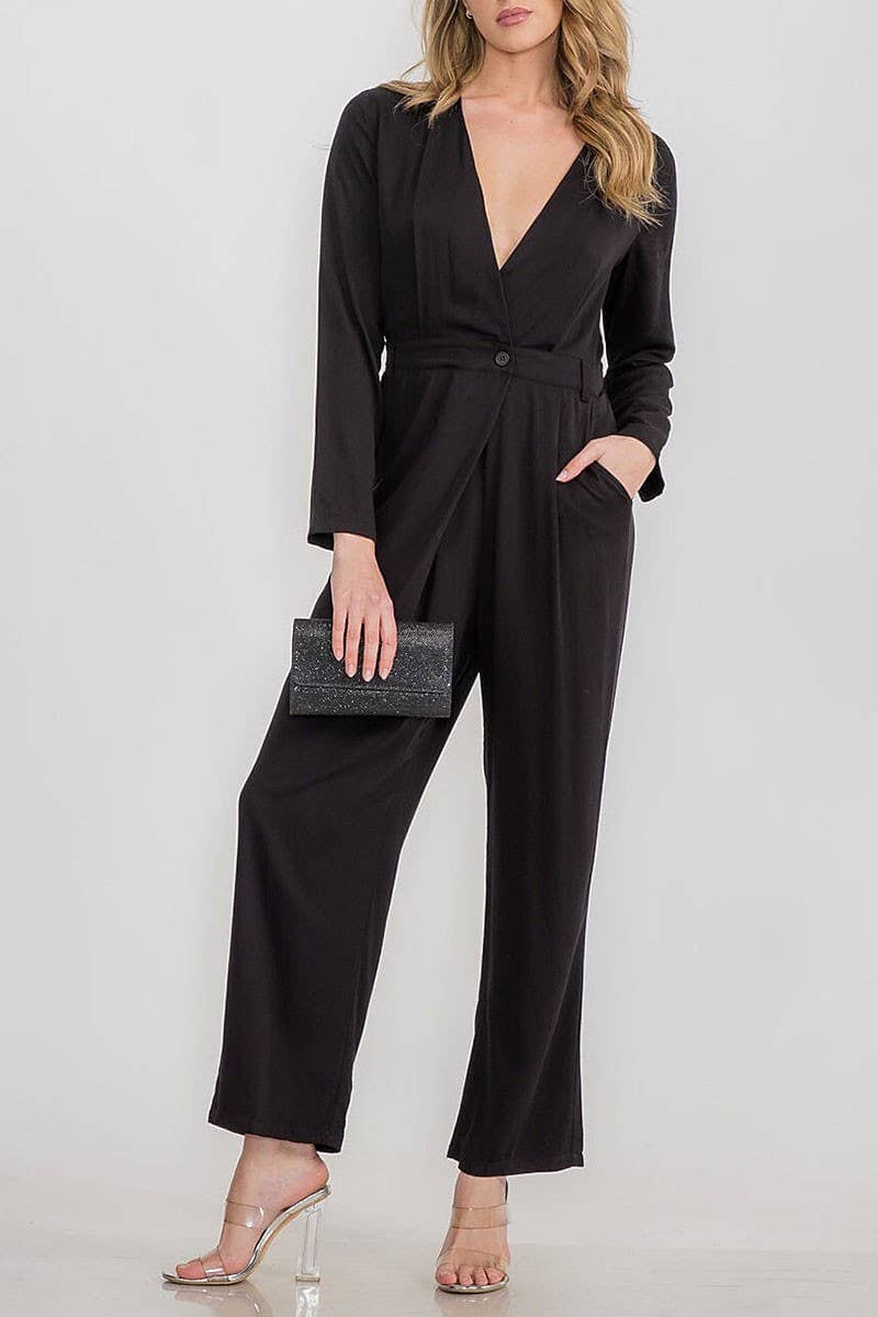 Long Sleeve Black Pocket Detail Wide Leg Jumpsuit