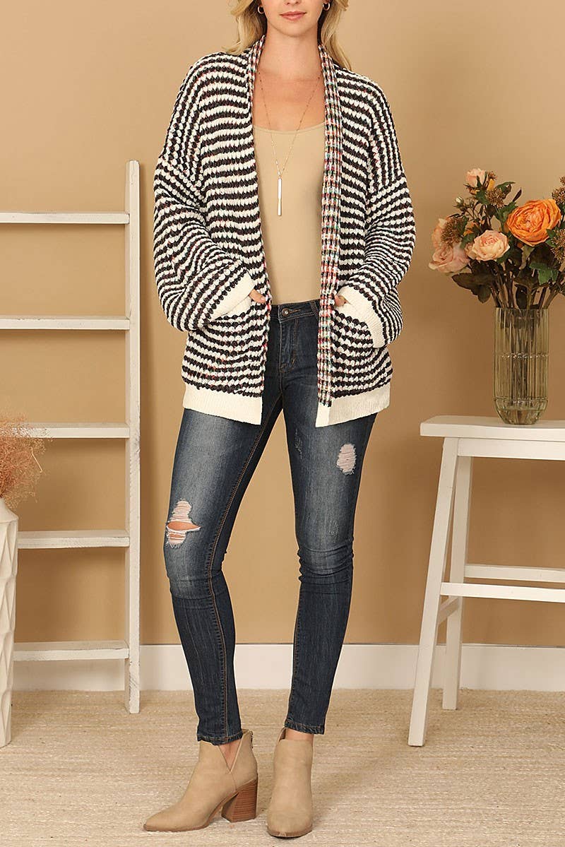 PLUS Chenille Black and White Striped Cardigan with Multi Color Detail