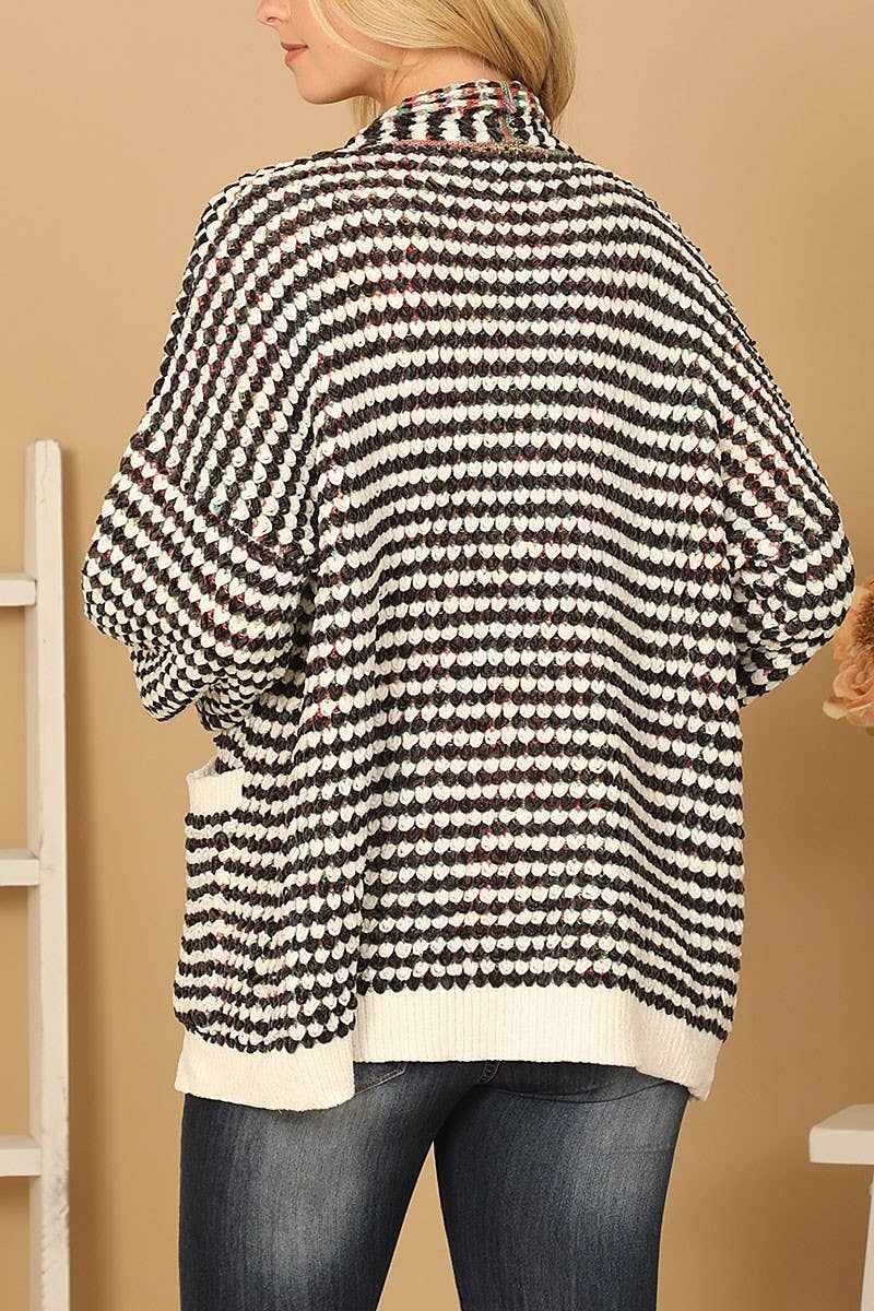 PLUS Chenille Black and White Striped Cardigan with Multi Color Detail