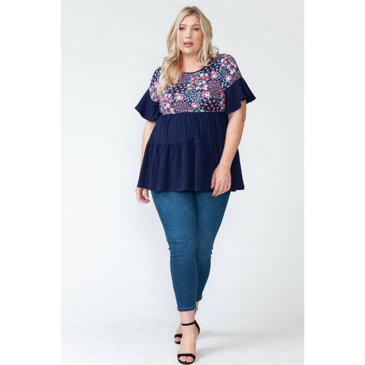 Plus Size Navy Floral-Print Ruffle Tiered Babydoll Blouse Top